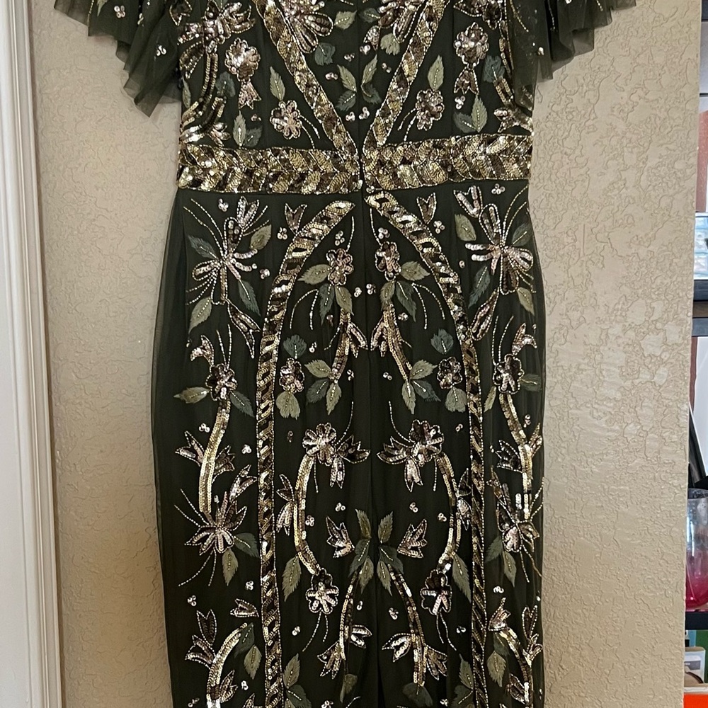 Adrianna Papell Olive Sequin Floral Midi Dress
